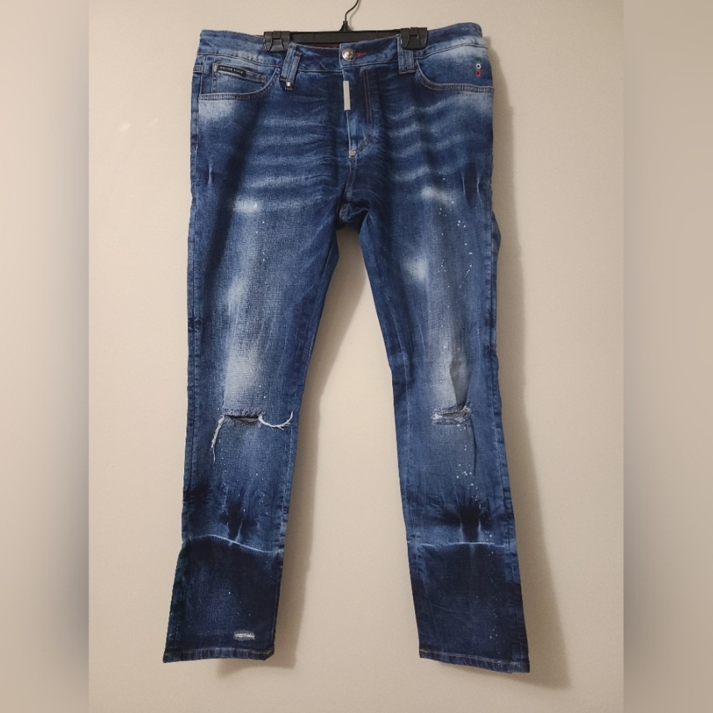 NWOT PHILIPP PLEIN 💀 Distressed Slim Jeans 👖- 38" Waist, Blue
